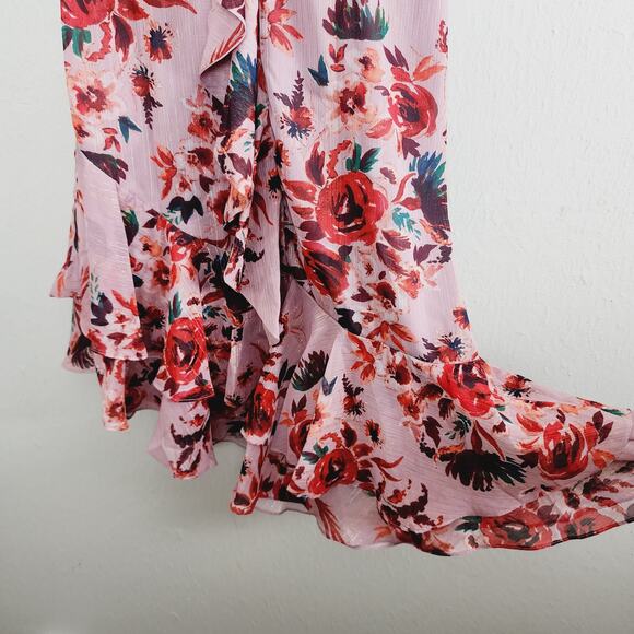 Lovers + Friends Stacey Ruffle Midi Dress Pink Red Floral Asymmetric Small NWT - Picture 7 of 15
